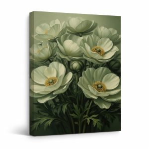 Serene White Anemones Botanical Framed Canvas Wall Art Ready to Hang