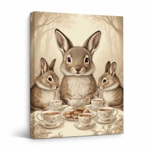 Rabbits Tea Party Vintage Forest Framed Canvas Wall Art