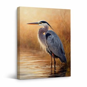 Great Blue Heron Golden Marsh Framed Canvas Wall Art