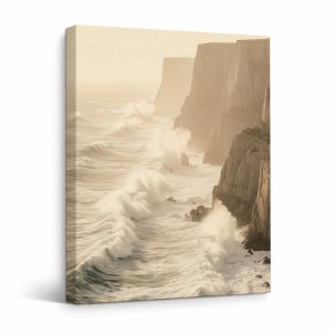 Vintage Coastal Cliffs Framed Canvas Wall Art - Ready to Hang