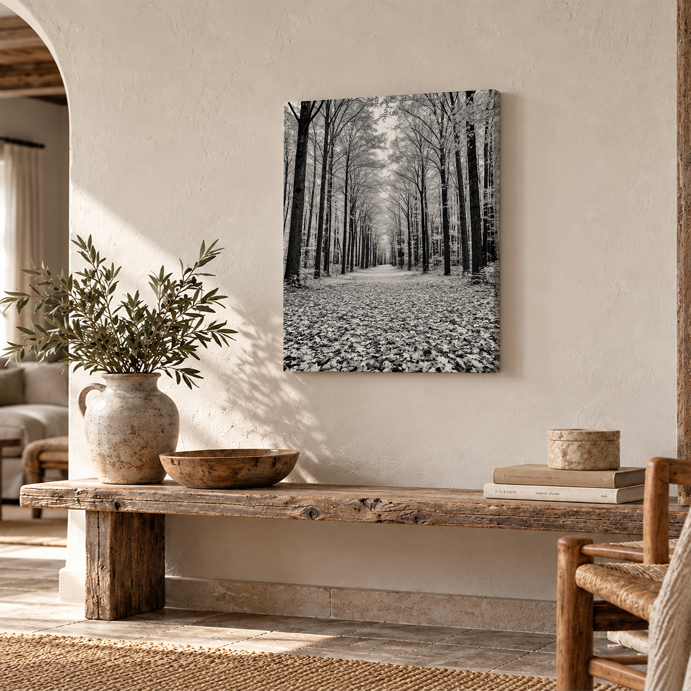 Monochrome Forest Path Framed Canvas Wall Art - Ready to Hang - Image 2
