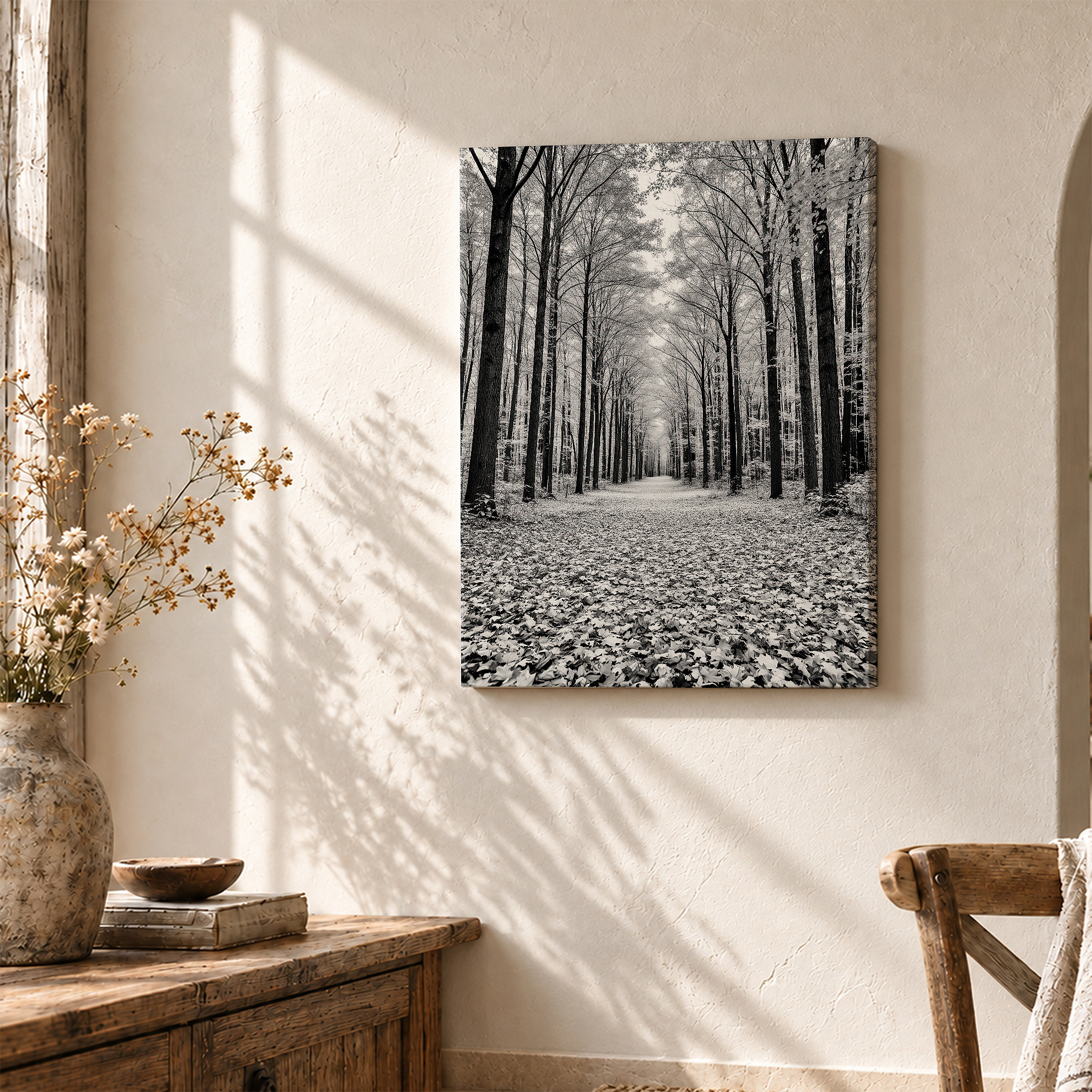 Monochrome Forest Path Framed Canvas Wall Art - Ready to Hang - Image 3