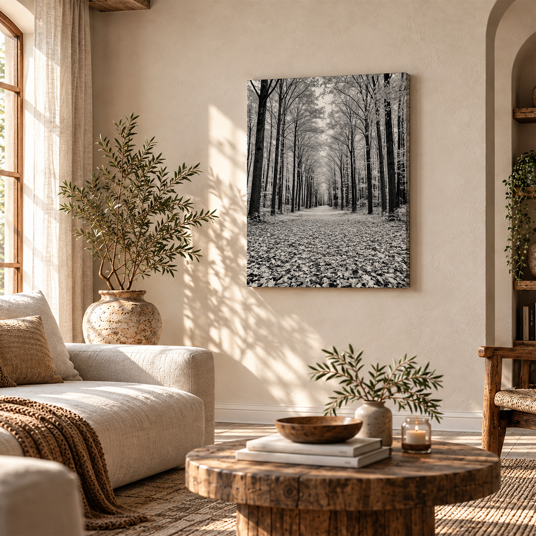 Monochrome Forest Path Framed Canvas Wall Art - Ready to Hang - Image 4