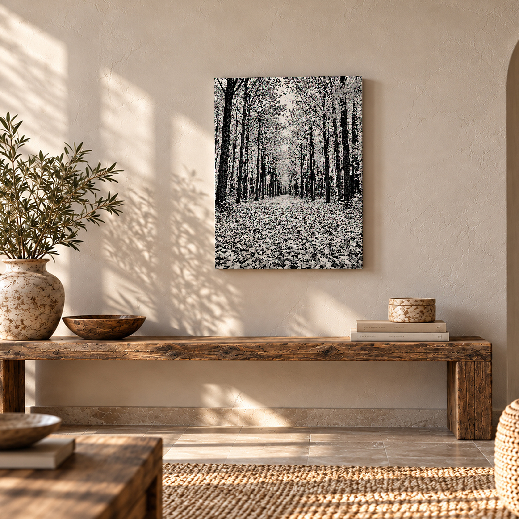 Monochrome Forest Path Framed Canvas Wall Art - Ready to Hang - Image 5