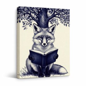 Framed Canvas Wall Art: Fox Reading Under Tree Monochrome Illustration