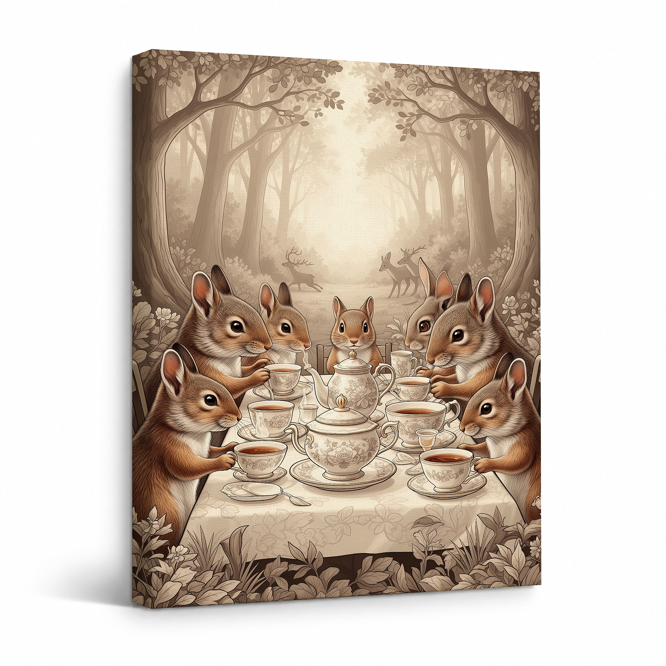 Squirrel Tea Party Forest Framed Canvas Wall Art Ready to Hang