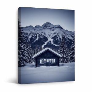 Snowy Mountain Cabin Winter Scene Framed Canvas Wall Art