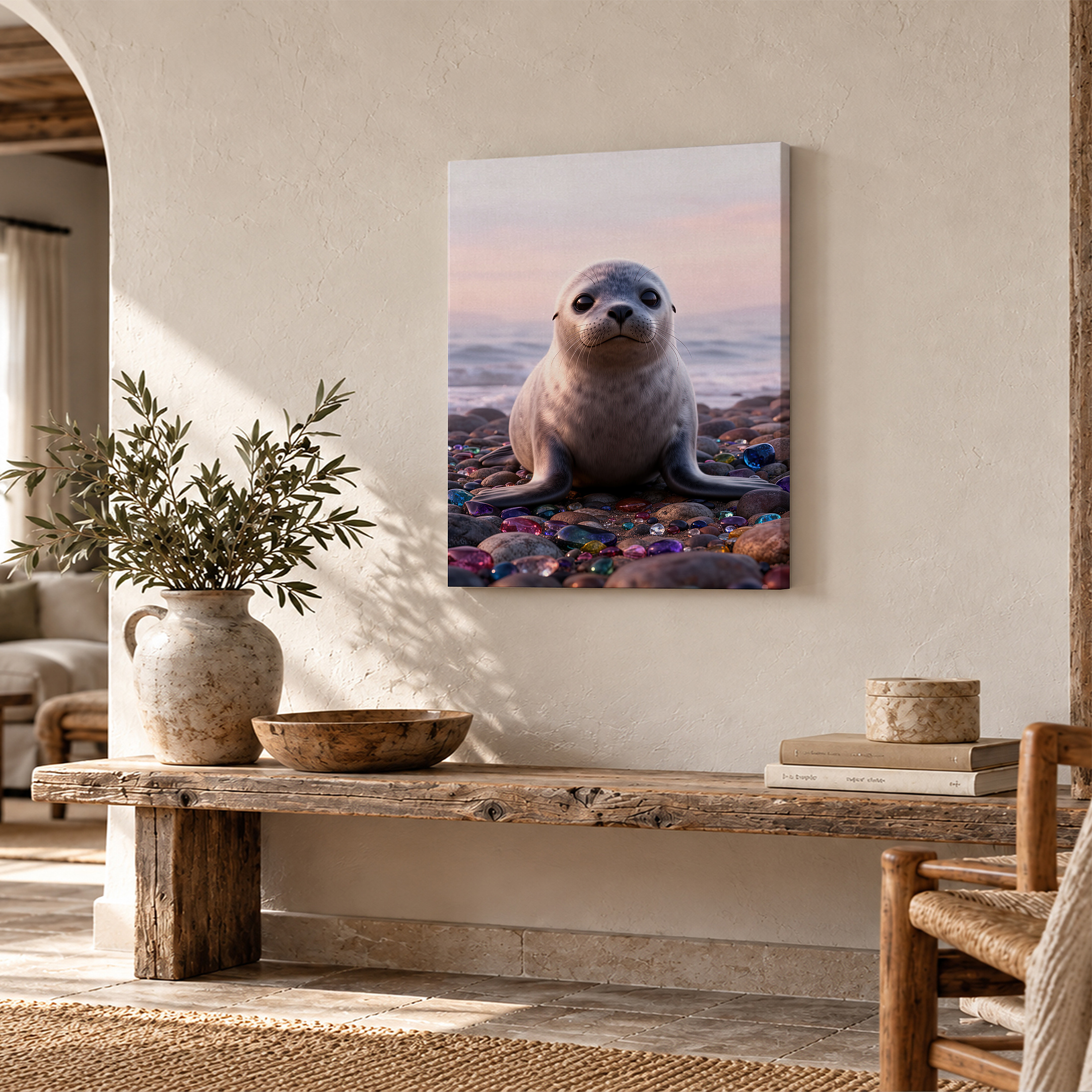 Seal on Beach with Gemstones Sunset Framed Canvas Wall Art - Image 2
