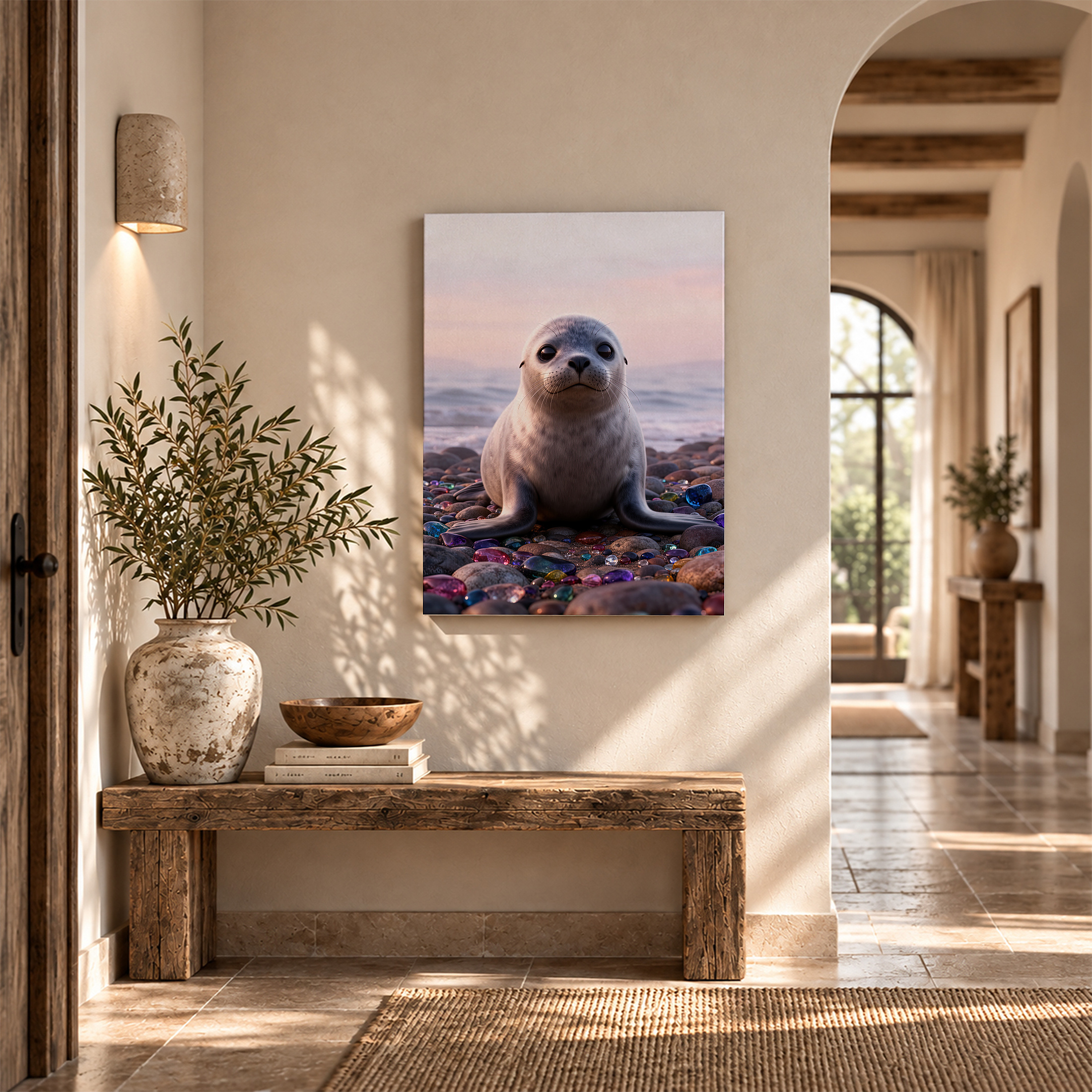 Seal on Beach with Gemstones Sunset Framed Canvas Wall Art - Image 6