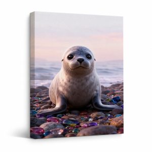 Seal on Beach with Gemstones Sunset Framed Canvas Wall Art