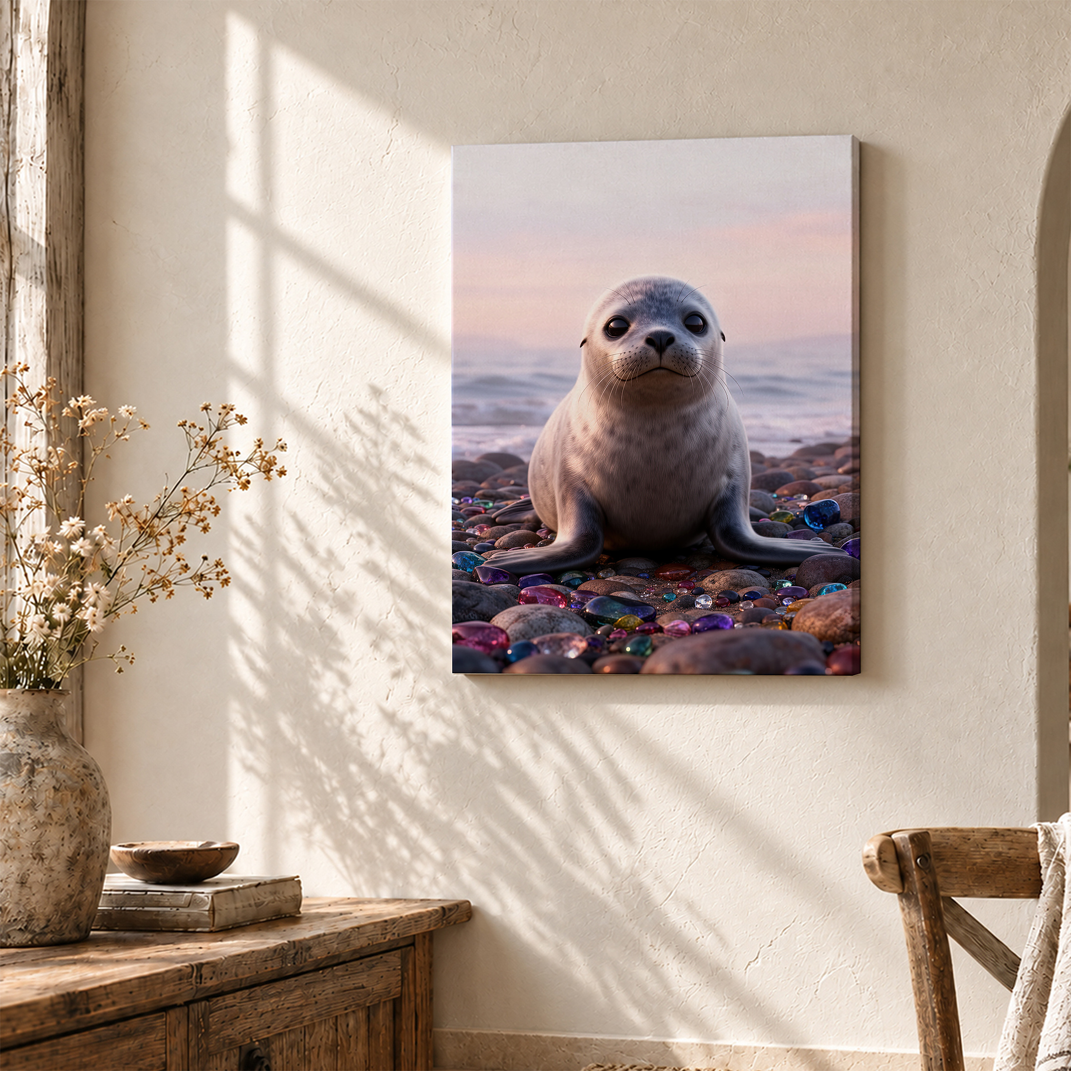 Seal on Beach with Gemstones Sunset Framed Canvas Wall Art - Image 3