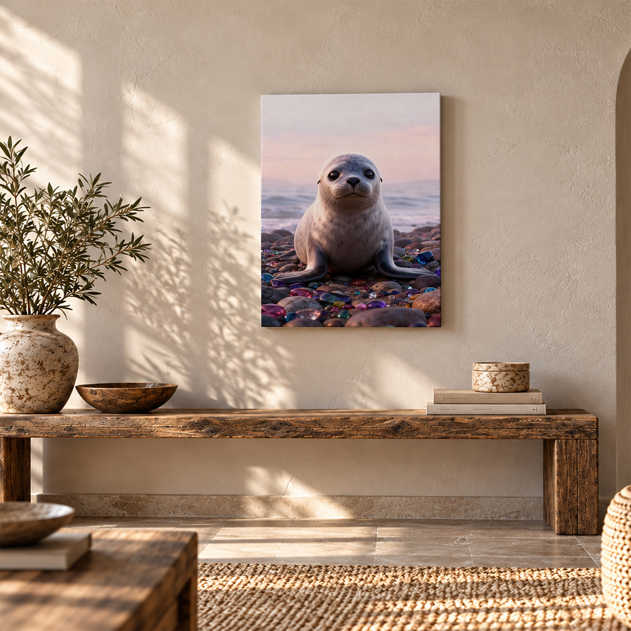 Seal on Beach with Gemstones Sunset Framed Canvas Wall Art - Image 5
