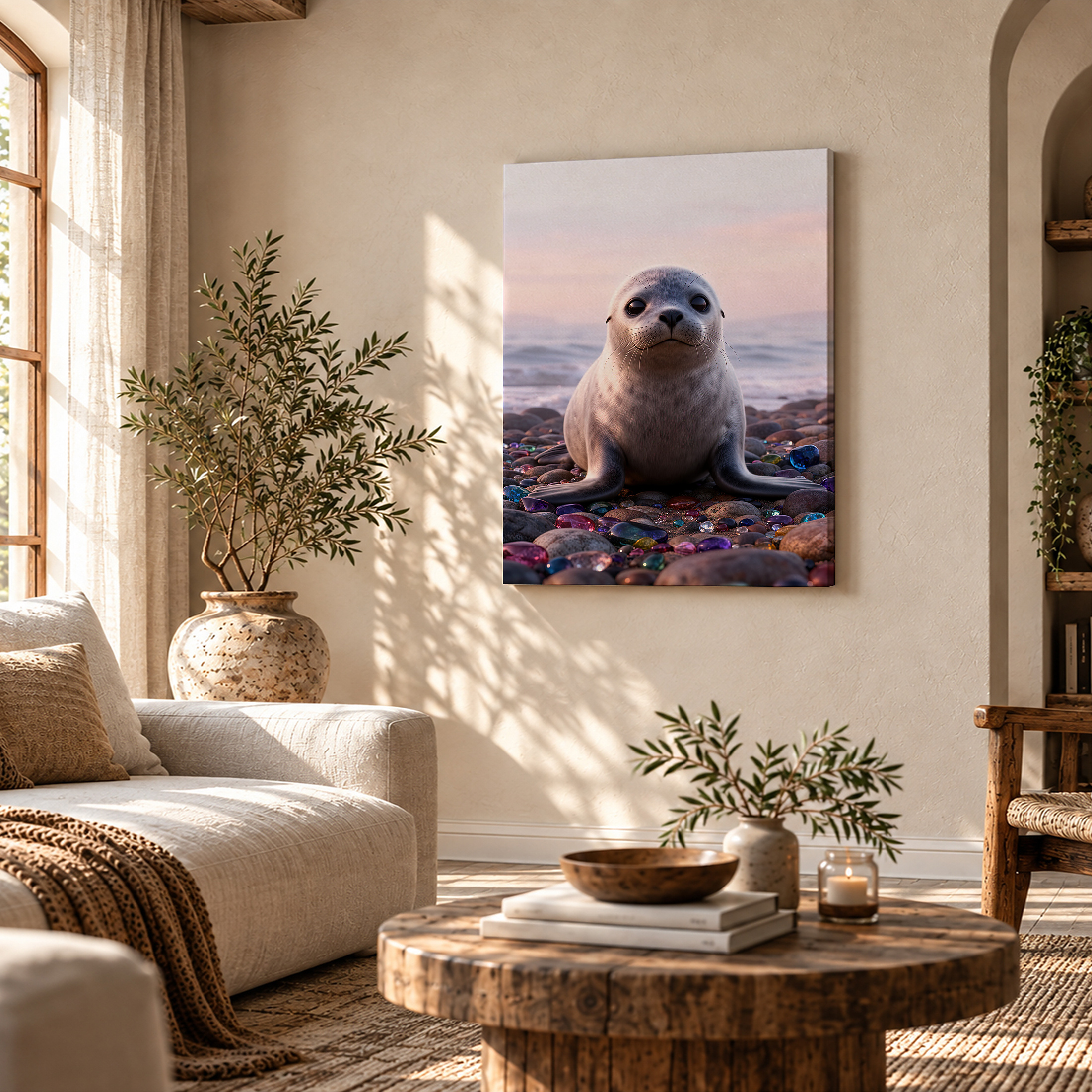 Seal on Beach with Gemstones Sunset Framed Canvas Wall Art - Image 4