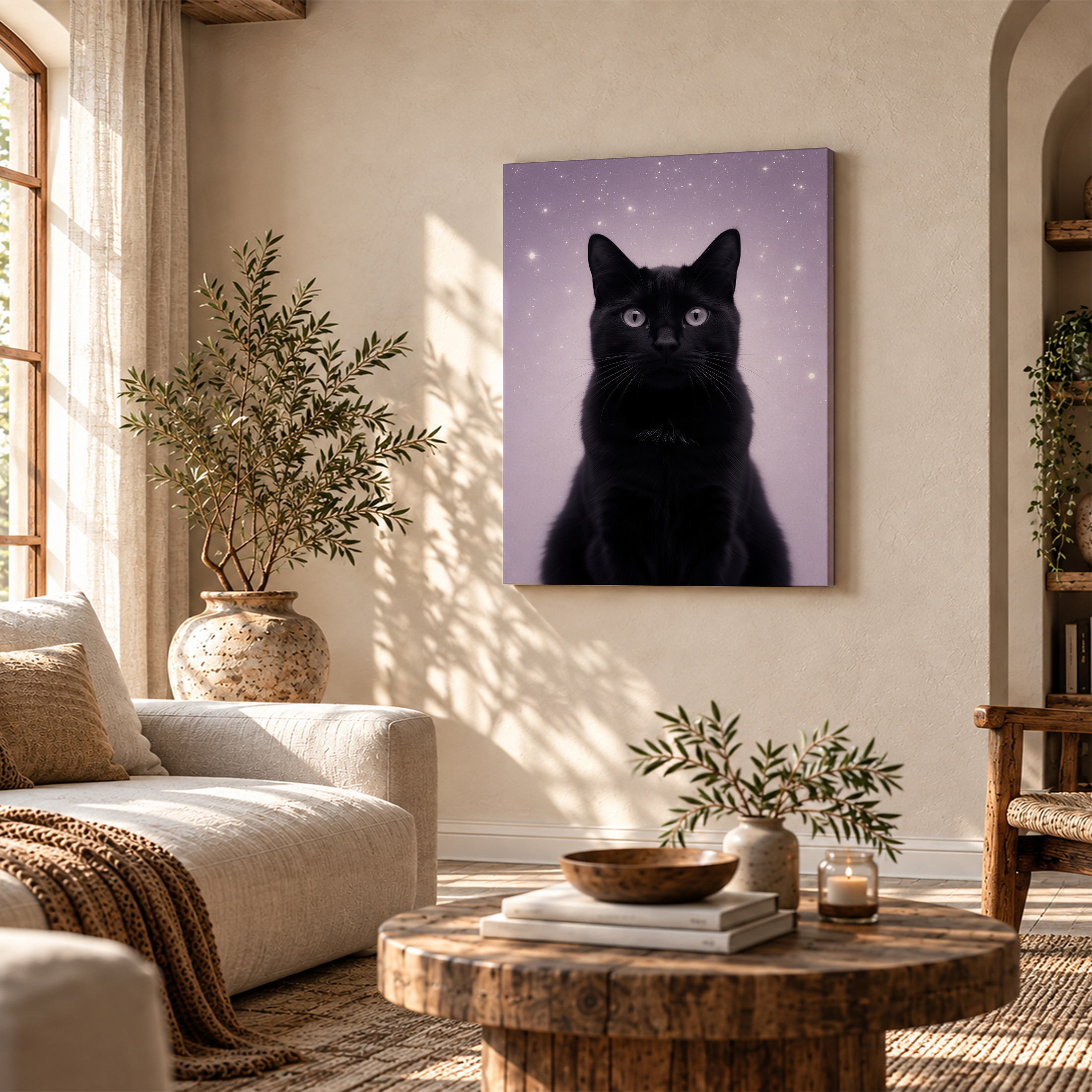 Black Cat in Purple Starry Night Framed Canvas Wall Art - Image 4