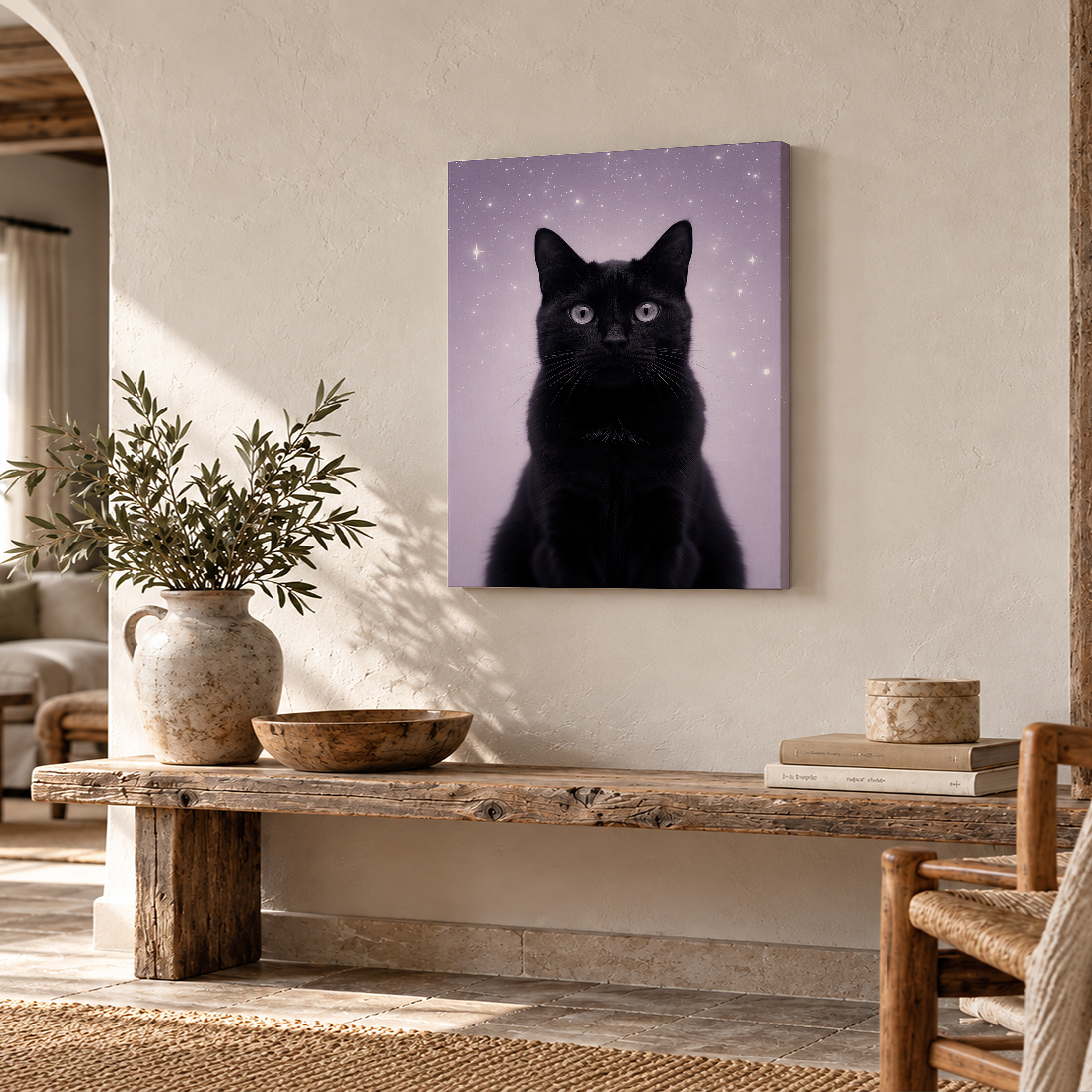 Black Cat in Purple Starry Night Framed Canvas Wall Art - Image 2