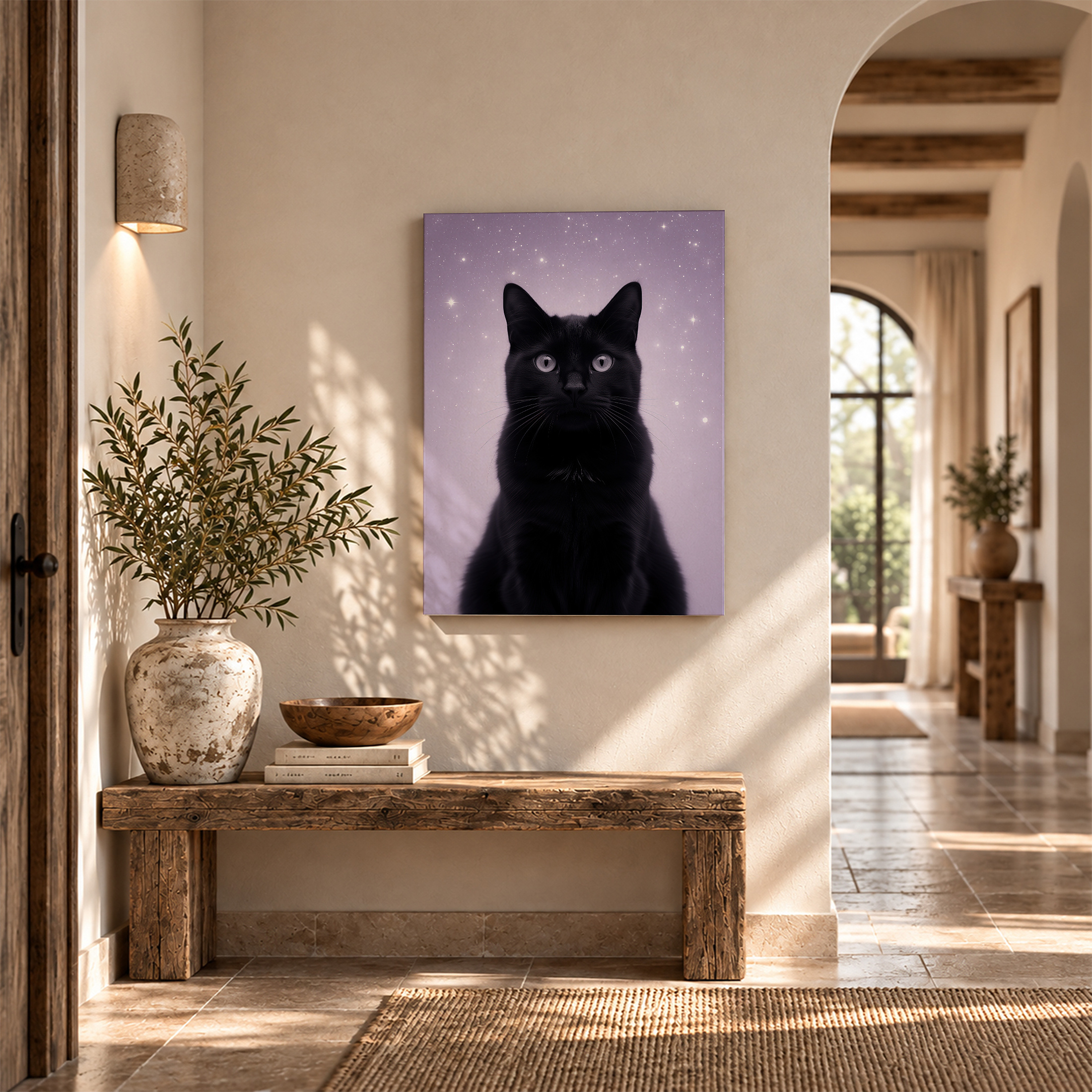 Black Cat in Purple Starry Night Framed Canvas Wall Art - Image 6