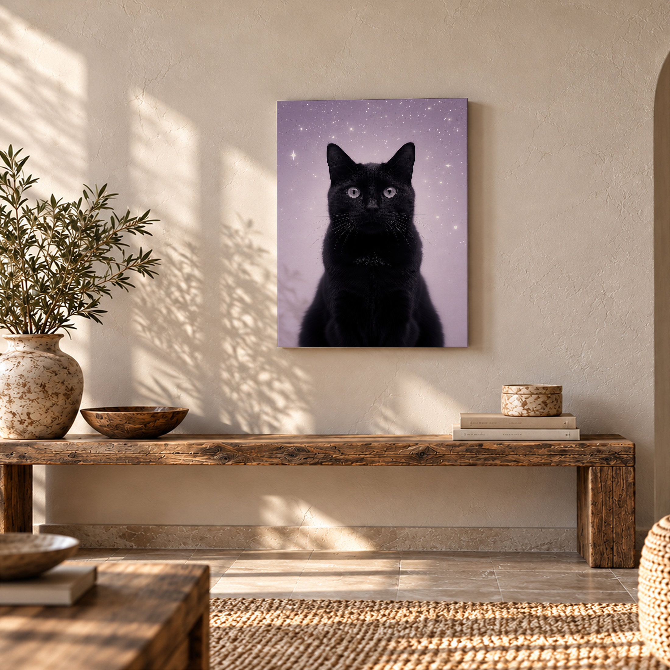 Black Cat in Purple Starry Night Framed Canvas Wall Art - Image 5