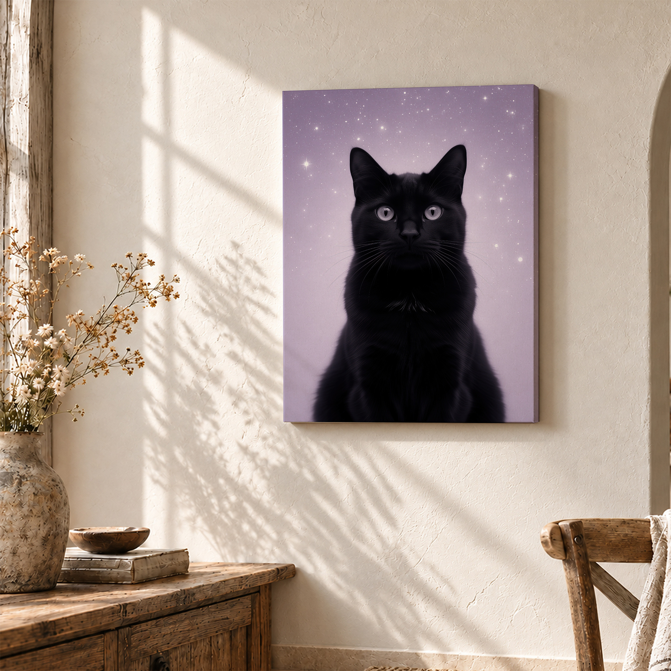 Black Cat in Purple Starry Night Framed Canvas Wall Art - Image 3