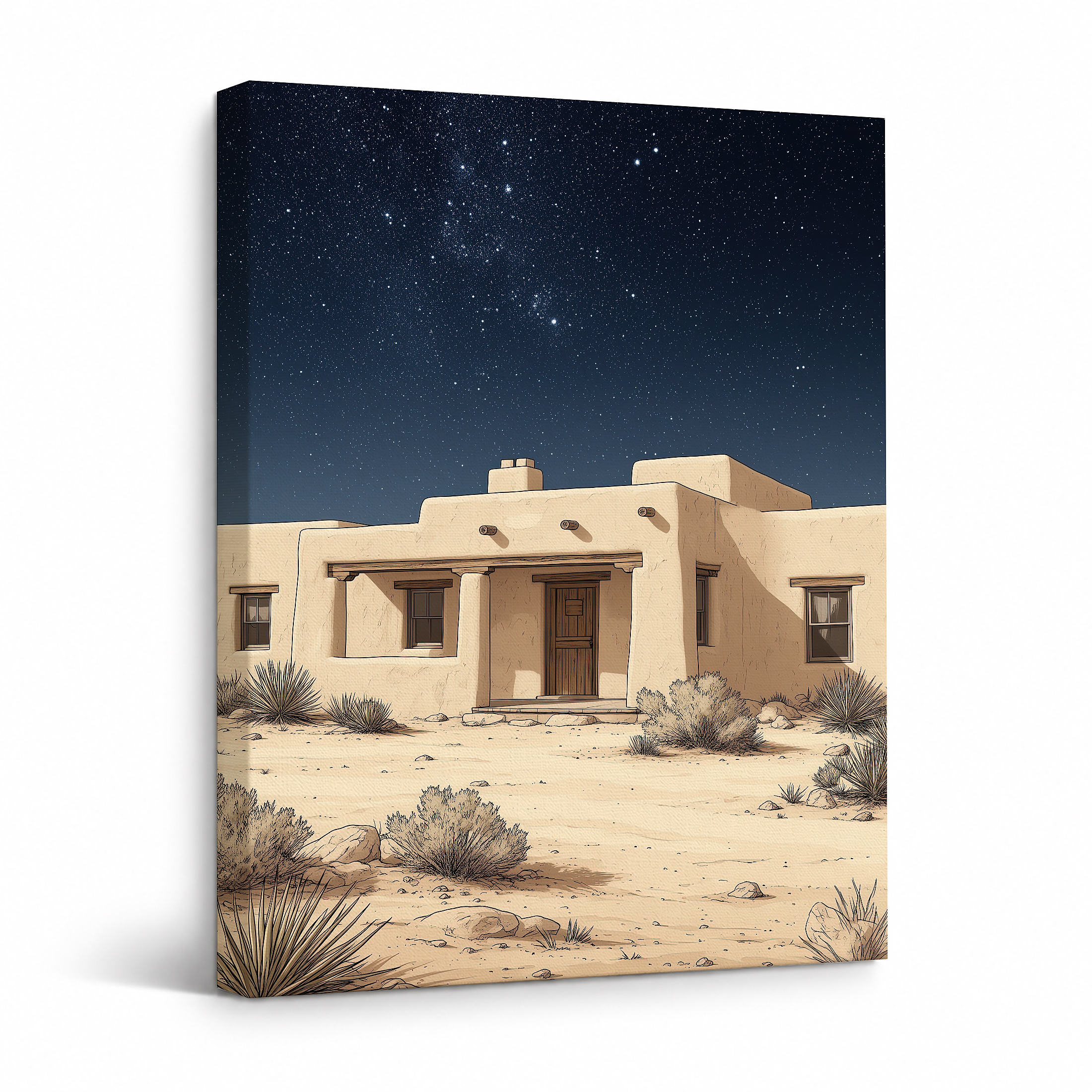 Starry Desert House Night Scene Framed Canvas Wall Art