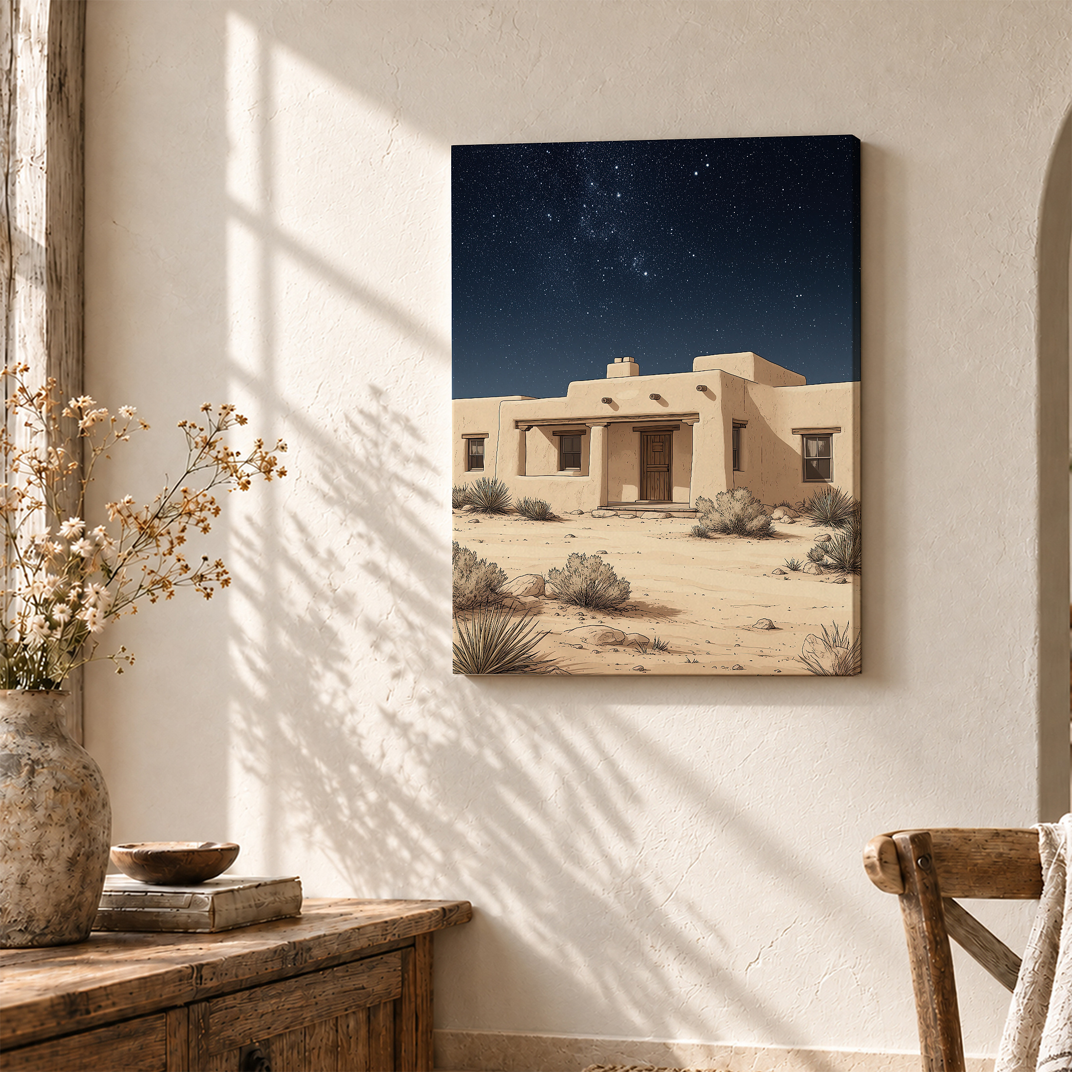 Starry Desert House Night Scene Framed Canvas Wall Art - Image 3