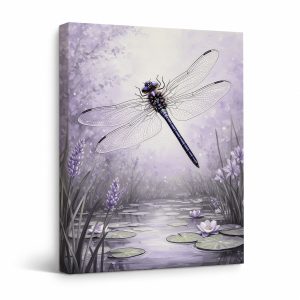 Purple Dragonfly Pond Framed Canvas Wall Art - Ready to Hang
