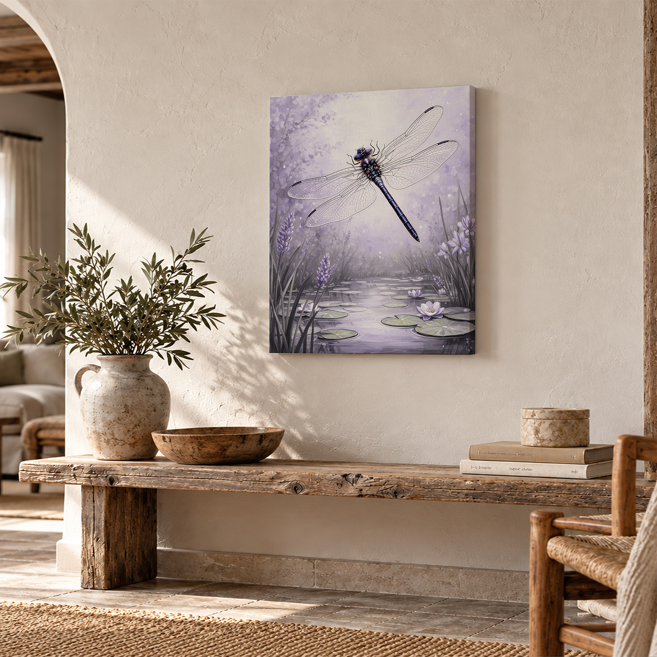 Purple Dragonfly Pond Framed Canvas Wall Art - Ready to Hang - Image 2