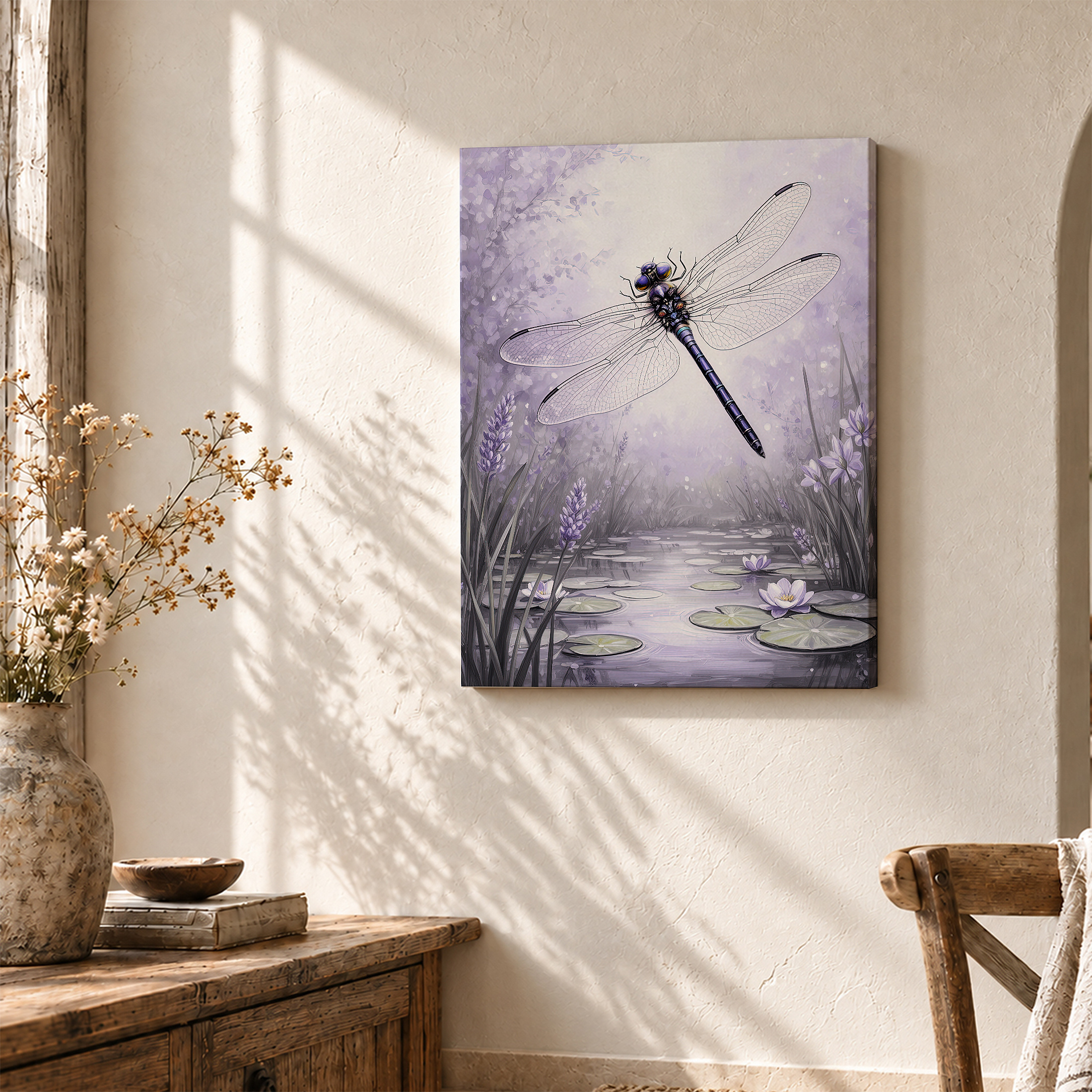 Purple Dragonfly Pond Framed Canvas Wall Art - Ready to Hang - Image 3