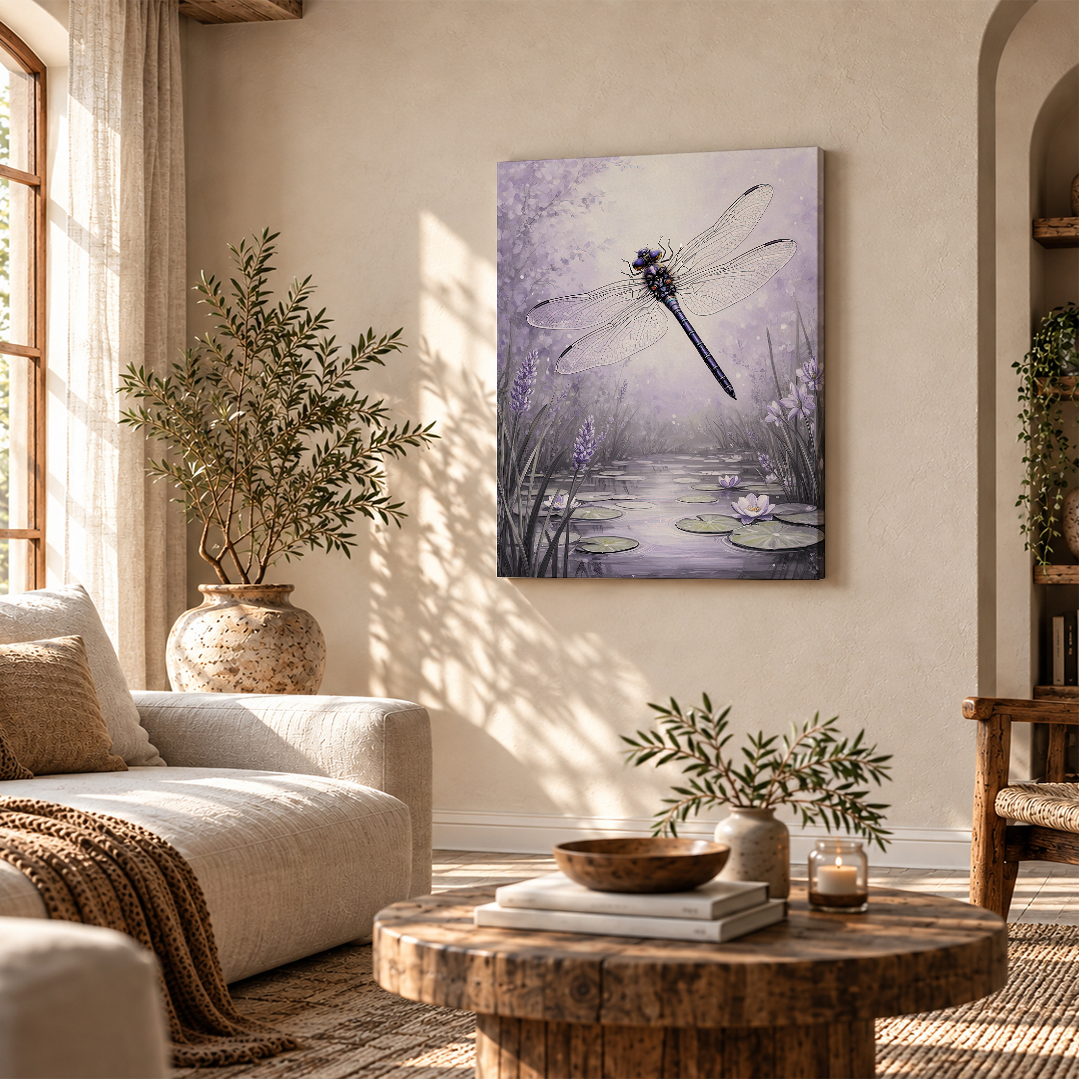 Purple Dragonfly Pond Framed Canvas Wall Art - Ready to Hang - Image 4