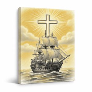 Sailing Ship with Cross Framed Canvas Wall Art - Spiritual Home Decor