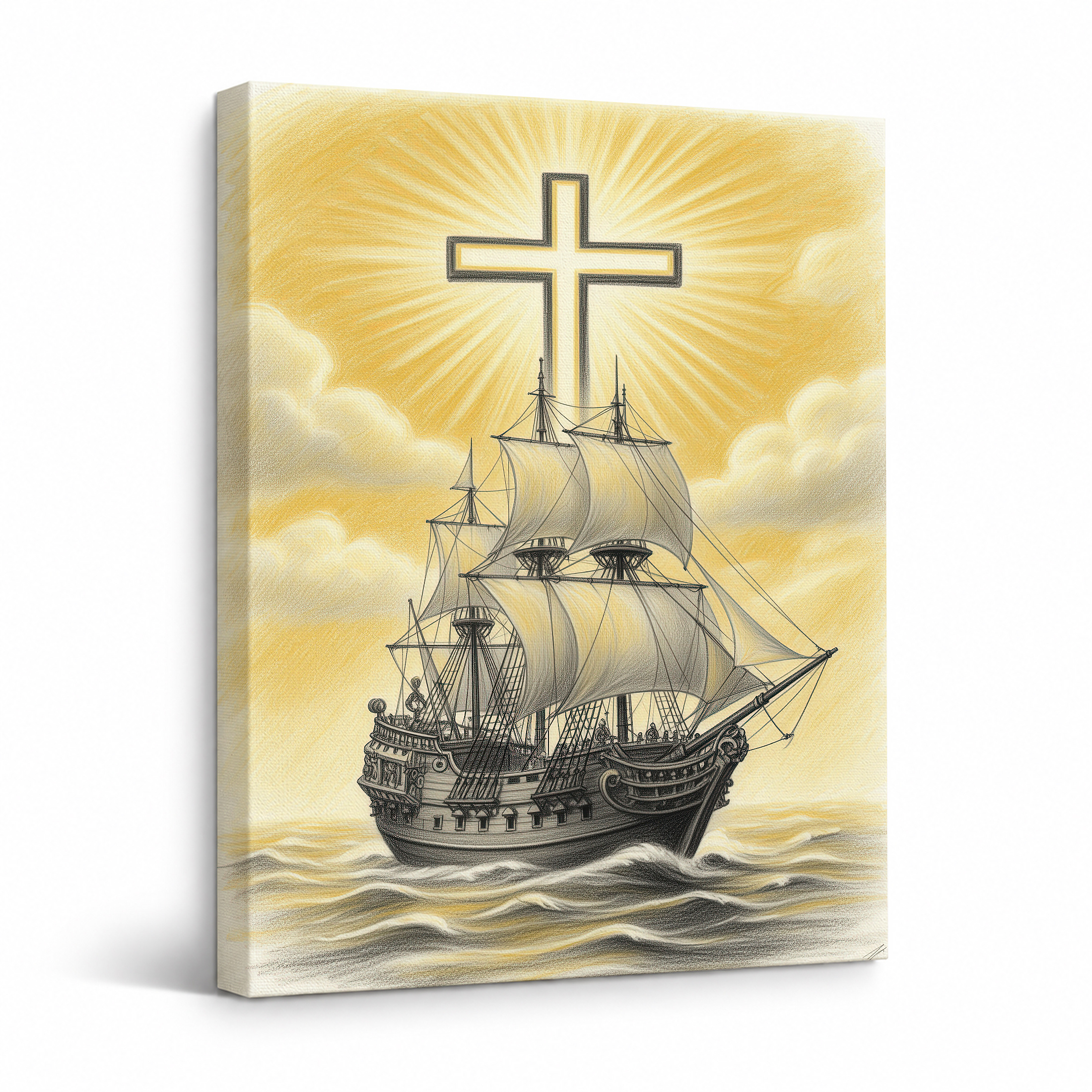 Sailing Ship with Cross Framed Canvas Wall Art - Spiritual Home Decor