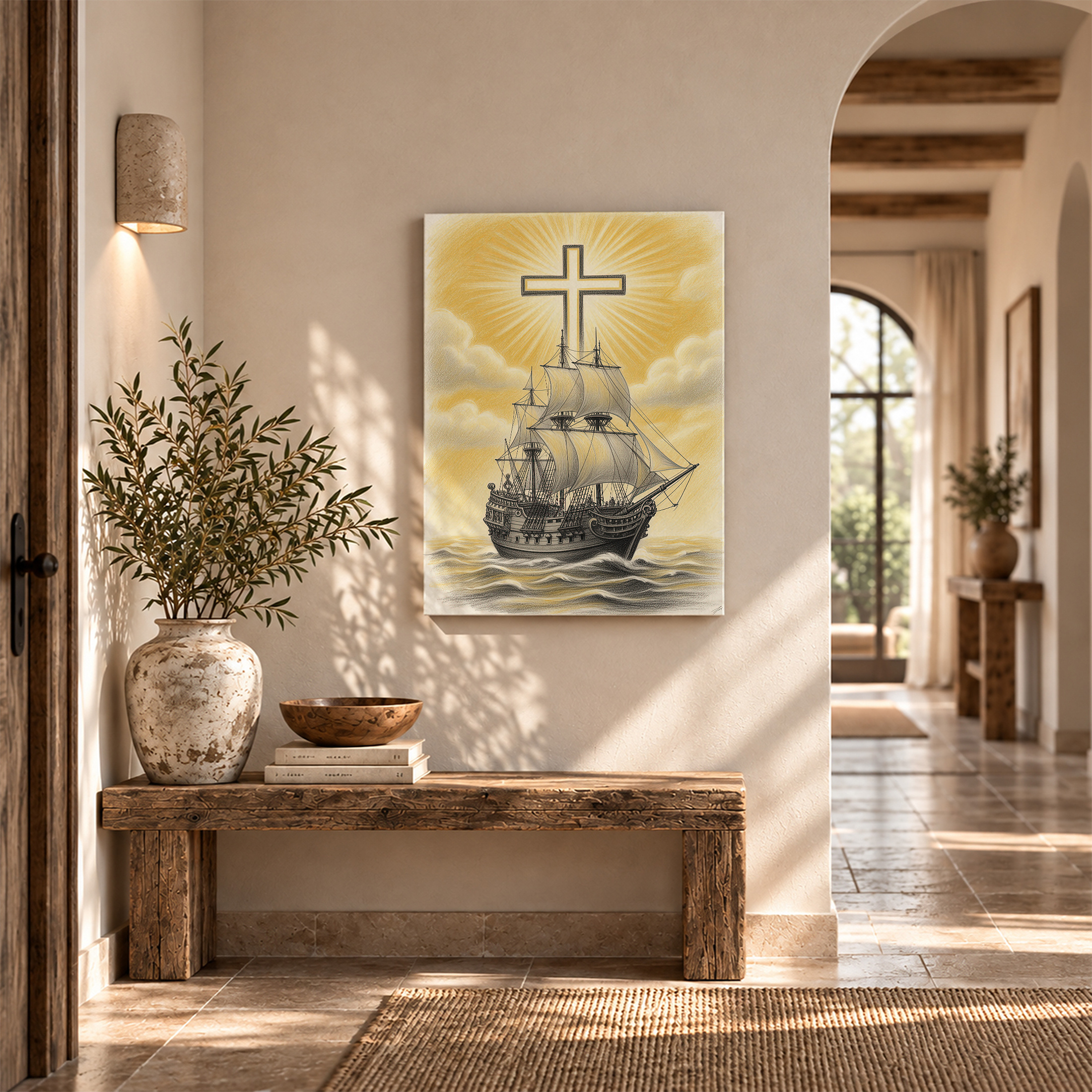 Sailing Ship with Cross Framed Canvas Wall Art - Spiritual Home Decor - Image 6
