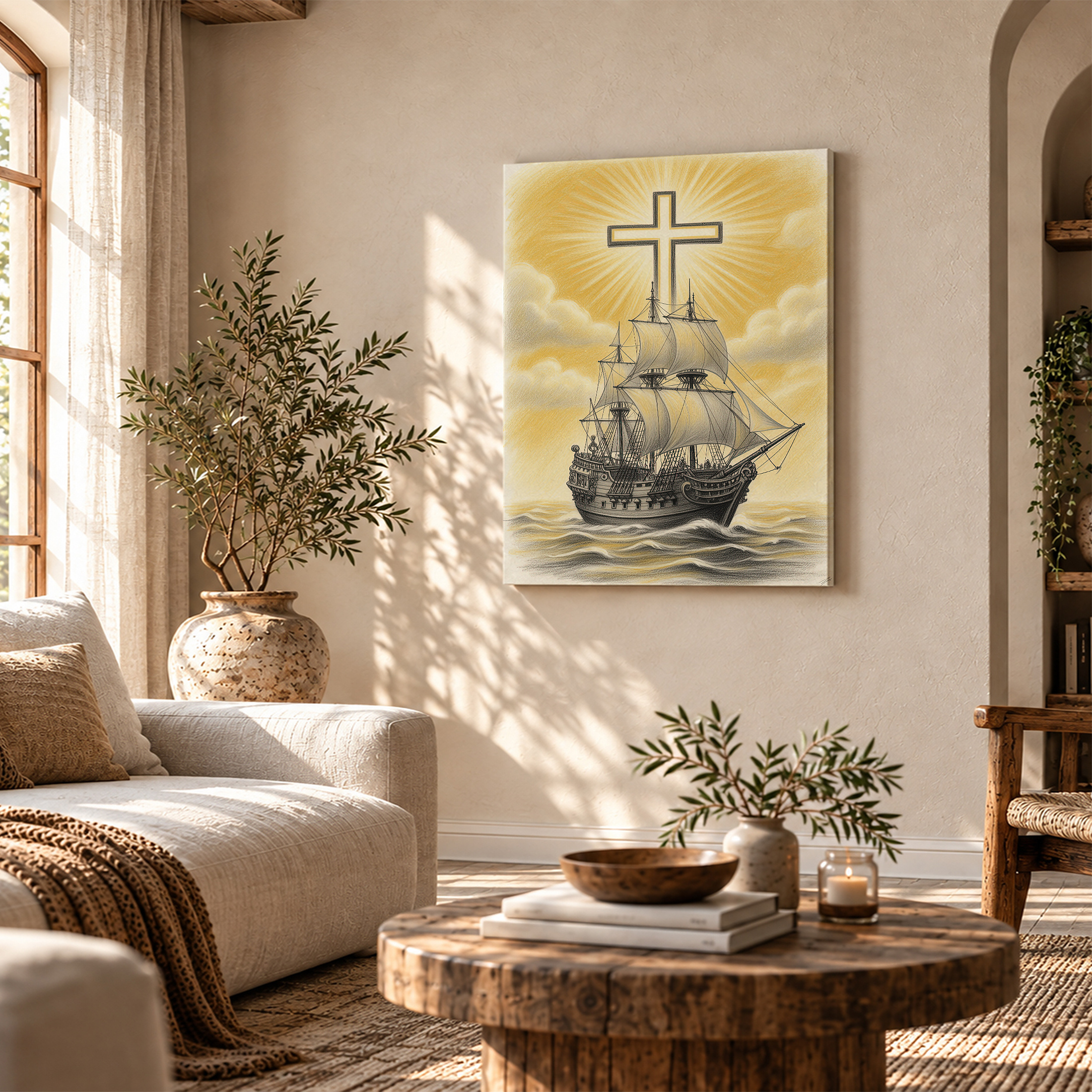 Sailing Ship with Cross Framed Canvas Wall Art - Spiritual Home Decor - Image 4