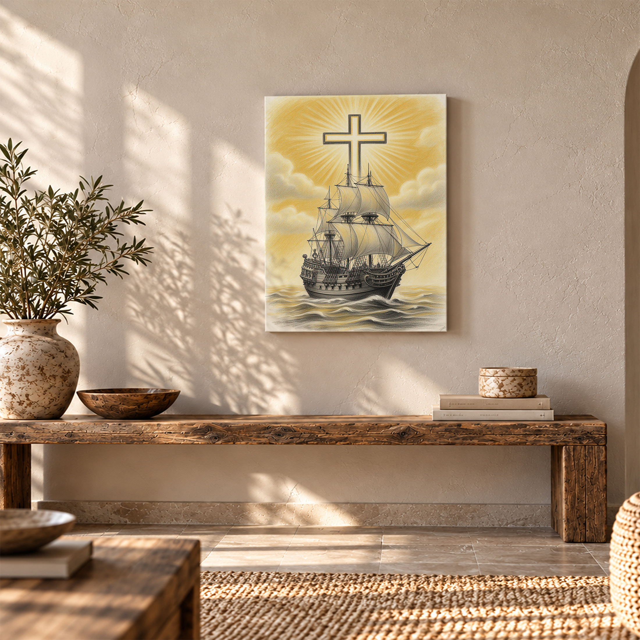 Sailing Ship with Cross Framed Canvas Wall Art - Spiritual Home Decor - Image 5