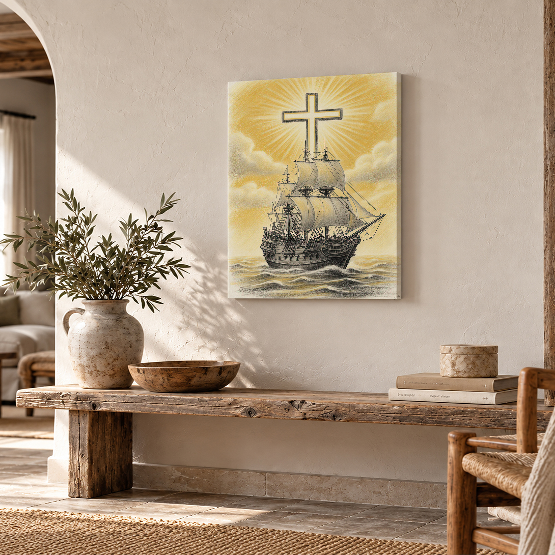Sailing Ship with Cross Framed Canvas Wall Art - Spiritual Home Decor - Image 2