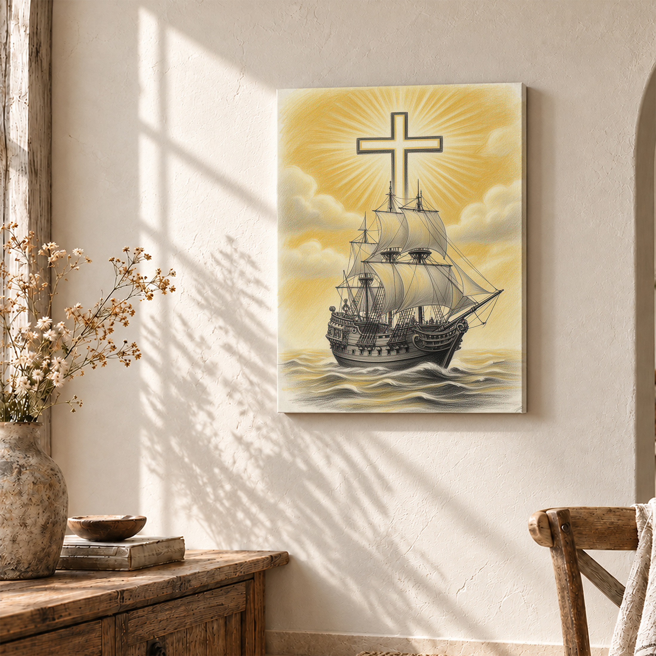 Sailing Ship with Cross Framed Canvas Wall Art - Spiritual Home Decor - Image 3