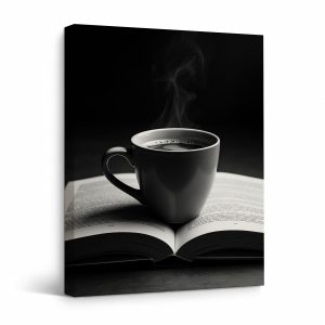 Coffee & Book Monochrome Framed Canvas Wall Art - Ready to Hang