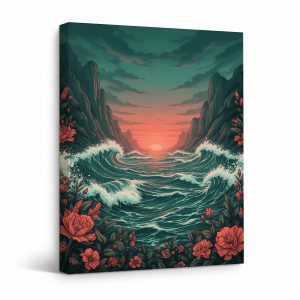 Ocean Sunset Floral Mountains Framed Canvas Wall Art