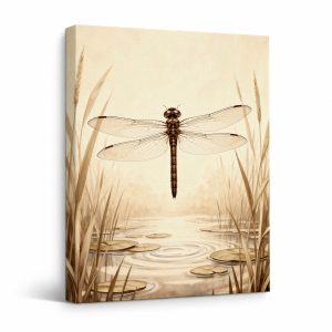 Vintage Dragonfly Pond Framed Canvas Wall Art - Ready to Hang