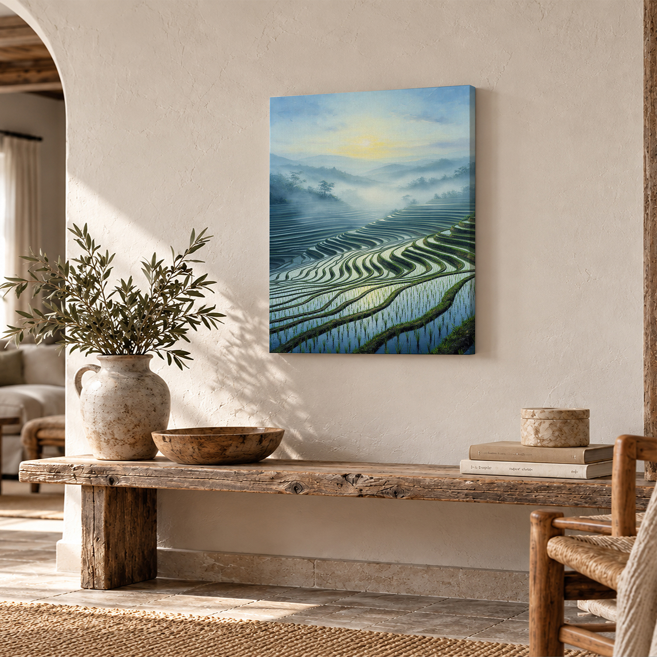 Terraced Rice Fields Sunrise Framed Canvas Wall Art - Ready to Hang - Image 2