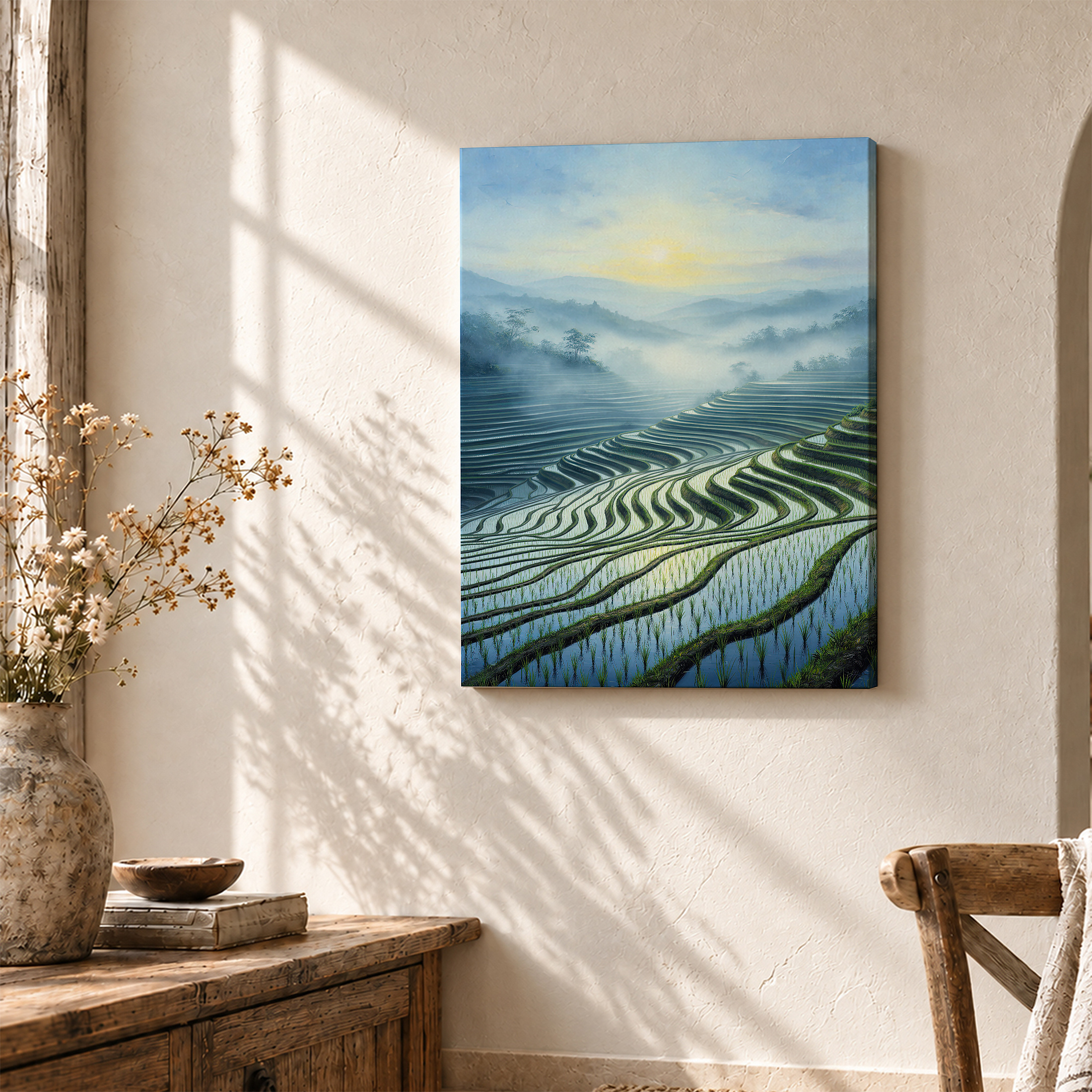 Terraced Rice Fields Sunrise Framed Canvas Wall Art - Ready to Hang - Image 3