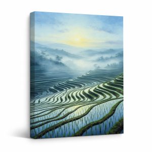 Terraced Rice Fields Sunrise Framed Canvas Wall Art - Ready to Hang