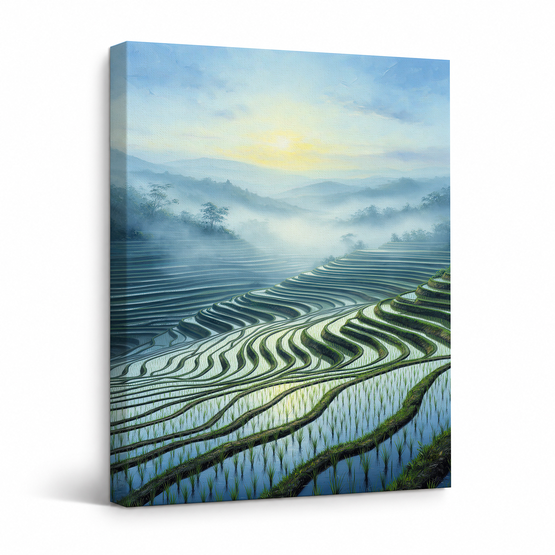 Terraced Rice Fields Sunrise Framed Canvas Wall Art - Ready to Hang
