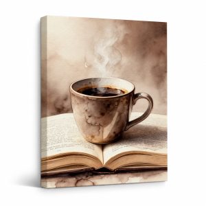 Vintage Coffee & Book Watercolor Framed Canvas Wall Art - Ready to Hang