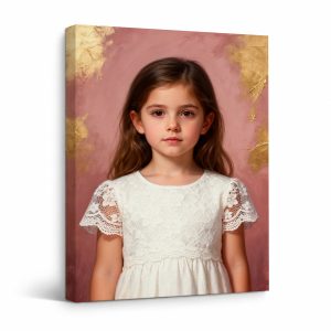 Elegant Girl in Lace Dress Framed Canvas Wall Art | Pink Gold Portrait