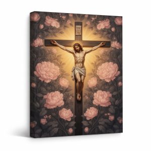 Pink Peonies & Cross Framed Canvas Wall Art | Ready to Hang