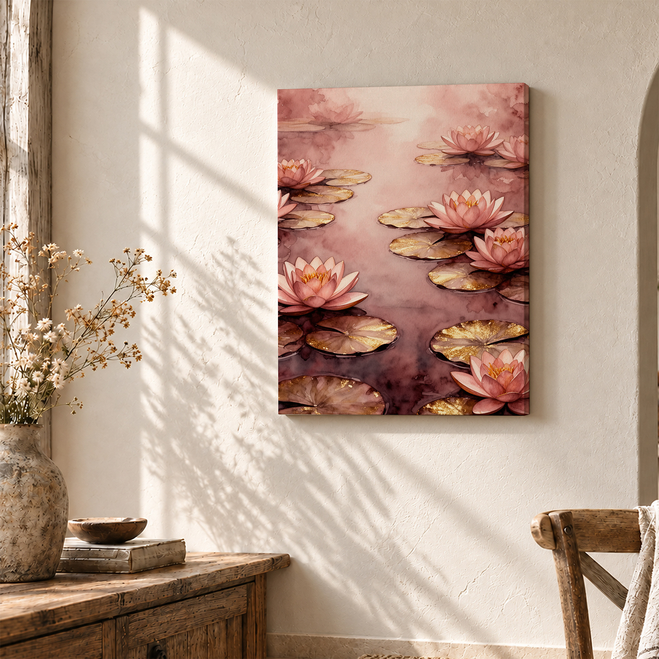 Pink Water Lily Dream Watercolor Framed Canvas Wall Art - Image 3