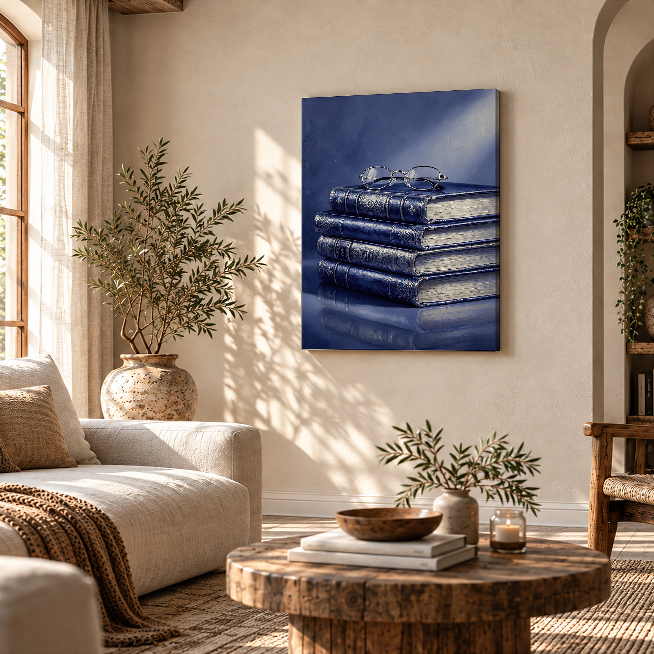 Vintage Blue Books & Glasses Study Scene Framed Canvas Wall Art - Image 4