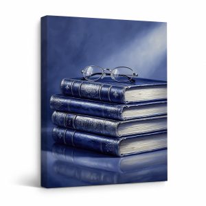 Vintage Blue Books & Glasses Study Scene Framed Canvas Wall Art