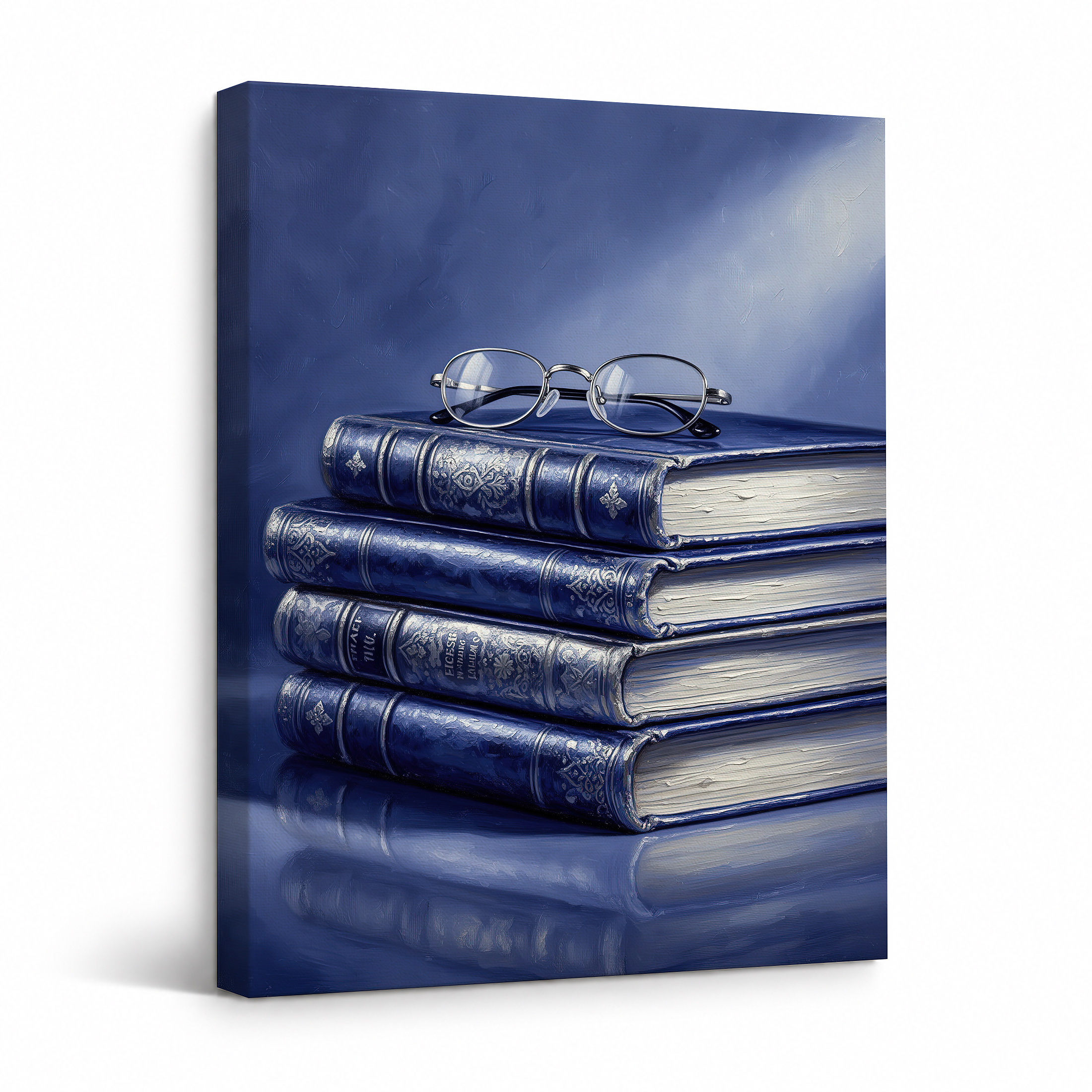 Vintage Blue Books & Glasses Study Scene Framed Canvas Wall Art