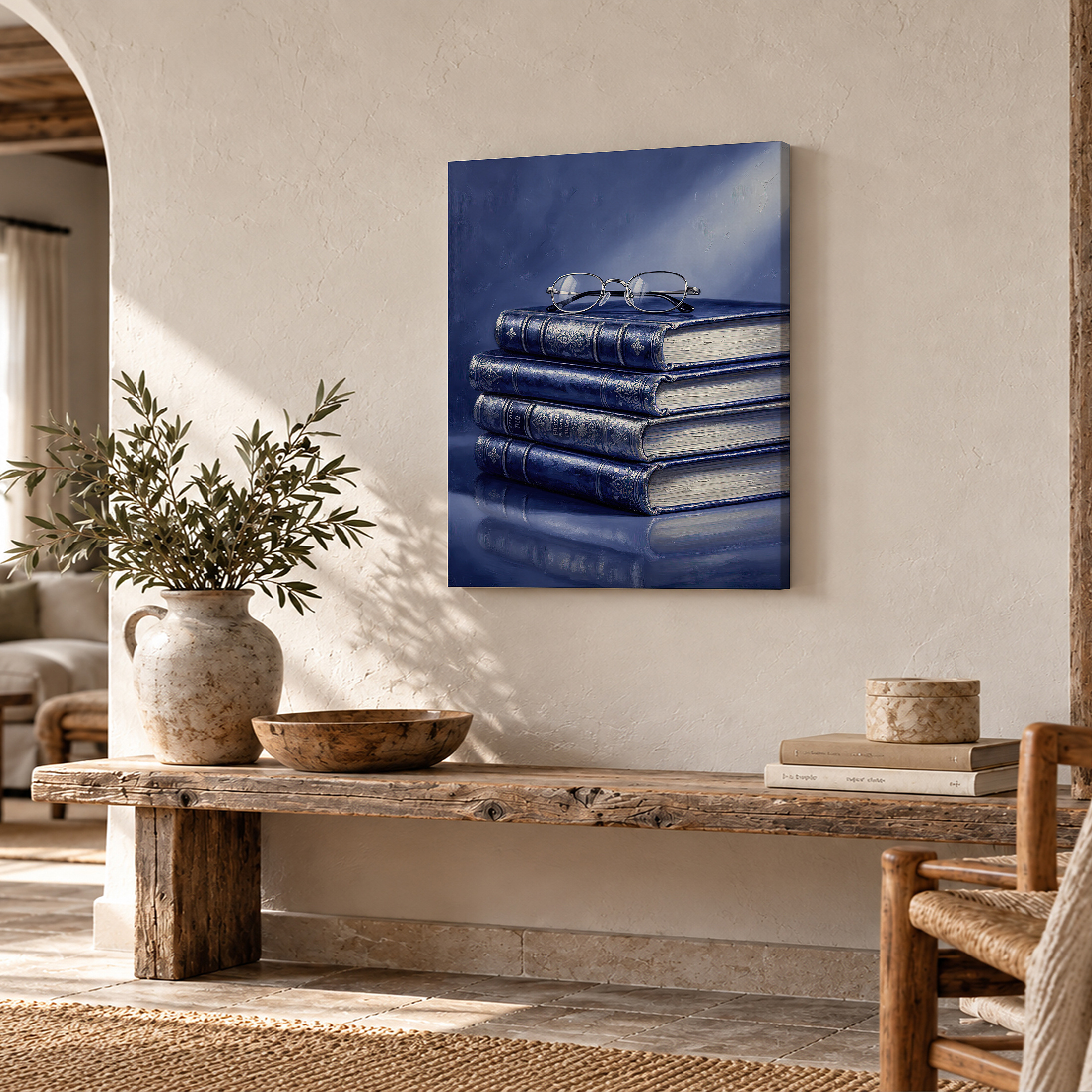 Vintage Blue Books & Glasses Study Scene Framed Canvas Wall Art - Image 2